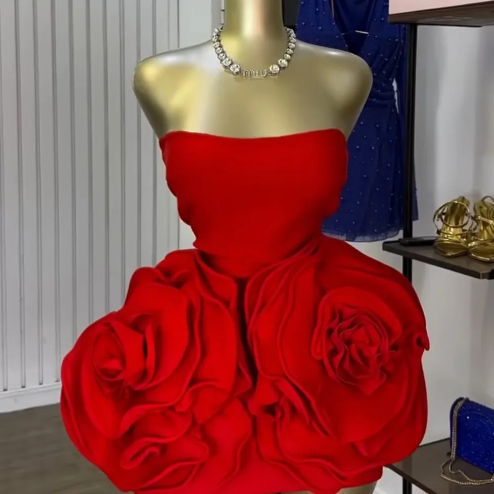 

Real Image Red High Stretchy Short Women Dresses With Delicate Big Flower Details Strapless Girls Birthday Dress Mini Date Dress