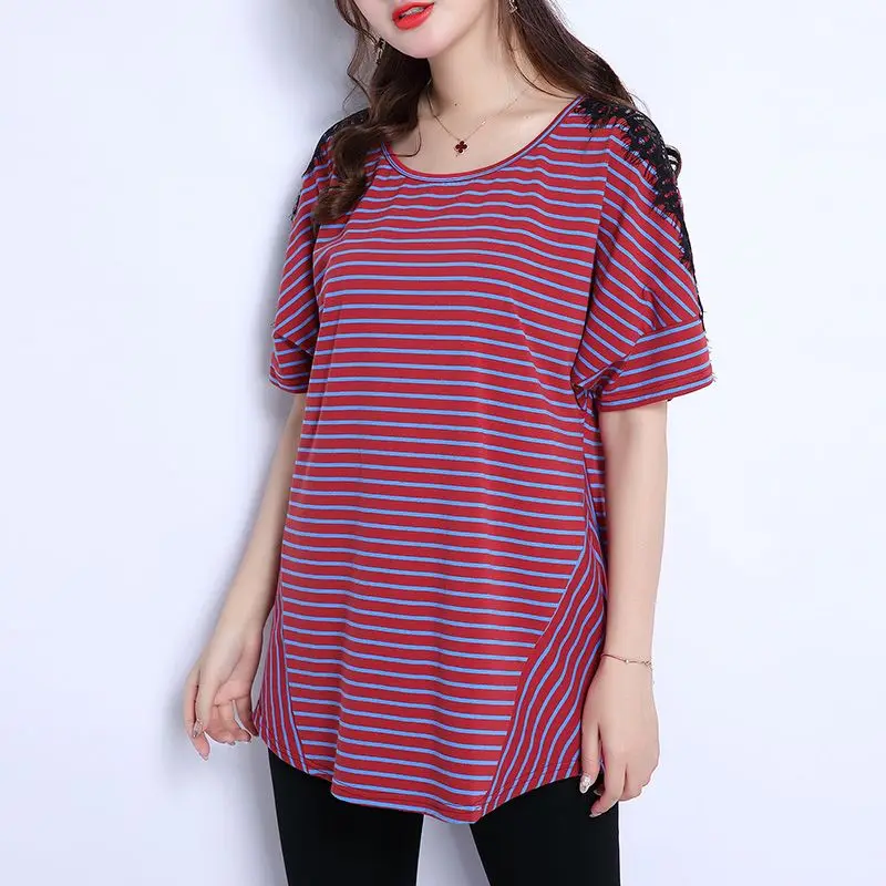 Vintage Lace Patchwork T Shirts Summer New Short Sleeve O-Neck Hollow Out All-match Striped Tops Casual Fashion Women Clothing