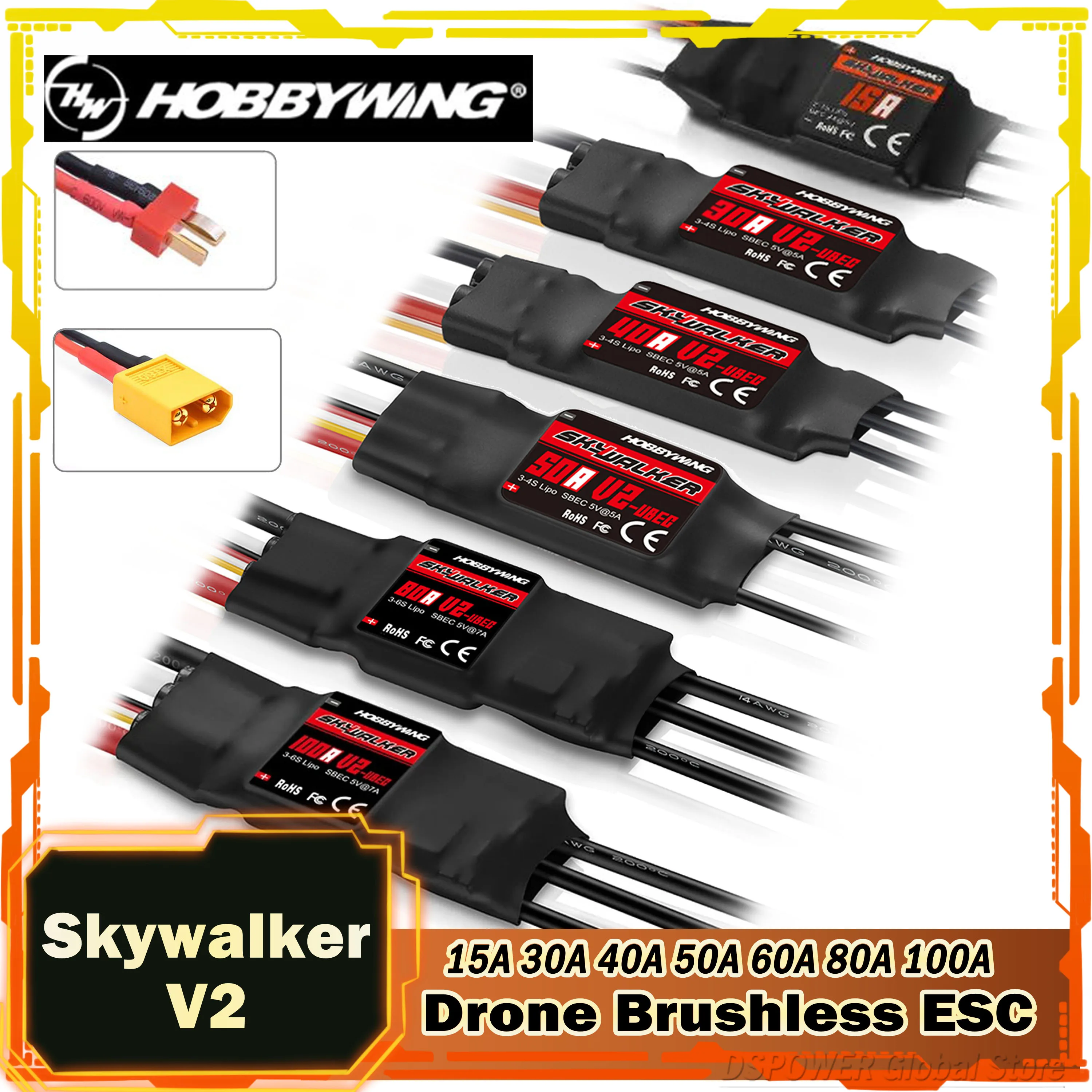 

HOBBYWING Skywalker V2 100A 80A 60A 50A 40A 30A 15A Brushless ESC Speed Controler UBEC T/XT60 for RC FPV Quadcopter Racing Drone