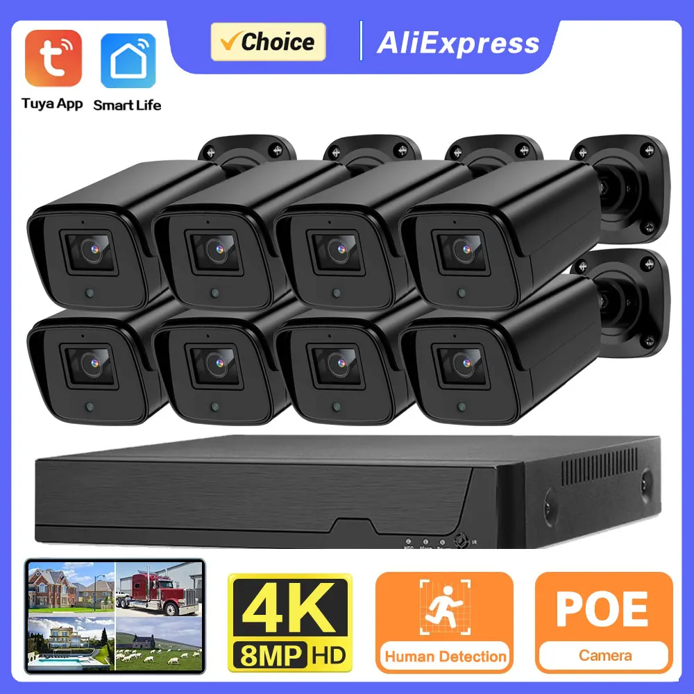 

HD POE Video Security System 8CH 4K 8MP NVR H.265+ With Smart Life Home Tuya 8MP Audio Weatherproof Surveillance IP Cameras Kit