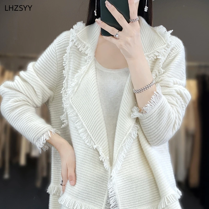 LHZSYY Lapel Cashmere Cardigan Women\'s Fashion Large Size Jacket Sweater Autumn New Knit Shawl Coat High-End Loose Female Blouse