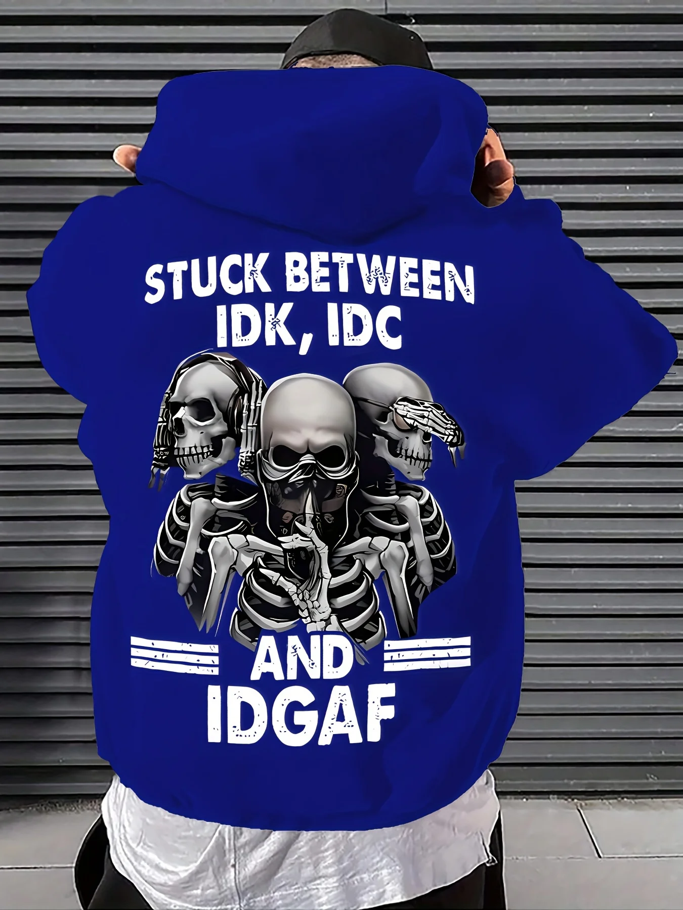 Dark punk men's hooded sweatshirt with three skulls in different gestures and graphic prints, casual daily top garment