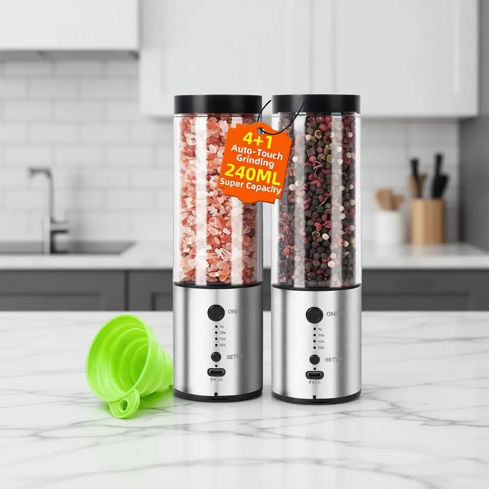 Electric Salt and Pepper Grinder Set, 2-Pack 480ML, USB-C Rechargeable, 4-Timing Settings, Automatic Shakers, One-Hd Operation,