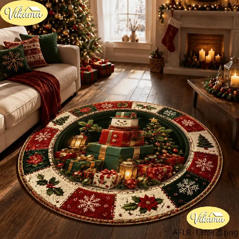 VIKAMA Christmas Round Rug Snowman Hat Scarf Gifts Snow Area Rug Living Room Holiday Home Decor Aesthetic Art Large Premium Cute