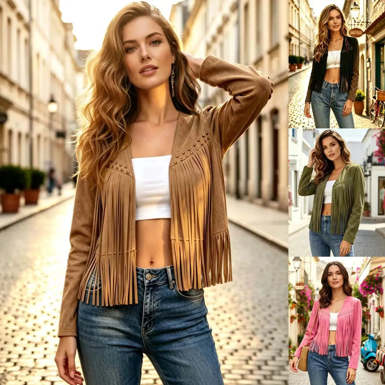2026 European and American Women's Solid Color Suede Fringe Long Sleeved Cardigan Jacket Fashionable Rivet Design Jacket for Wom
