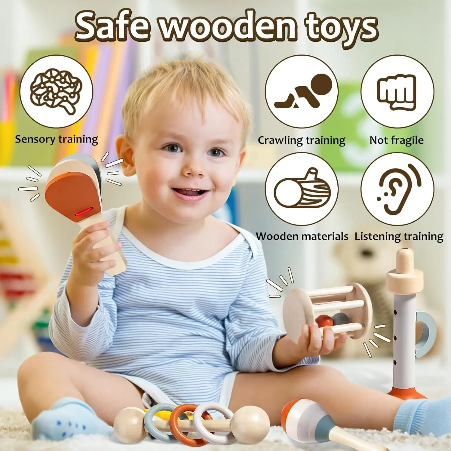 Zabawki drewniane Montessori Instrumenty muzyczne dla maluchów Zestaw instrumentów perkusyjnych z marakasami, trąbką, kasztanetami Prezent urodzinowy