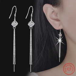 Solid 925 Sterling Silver Long Chain Hollow Square Box Crystal Zircon Drop Earrings For Women New Jewelry Fashion XY0065