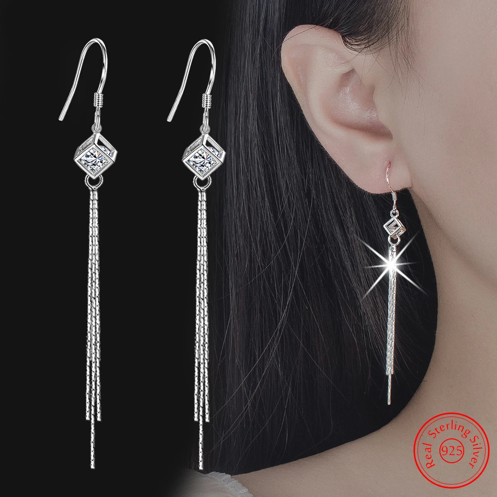 Solid 925 Sterling Silver Long Chain Hollow Square Box Crystal Zircon Drop Earrings For Women New Jewelry Fashion XY0065