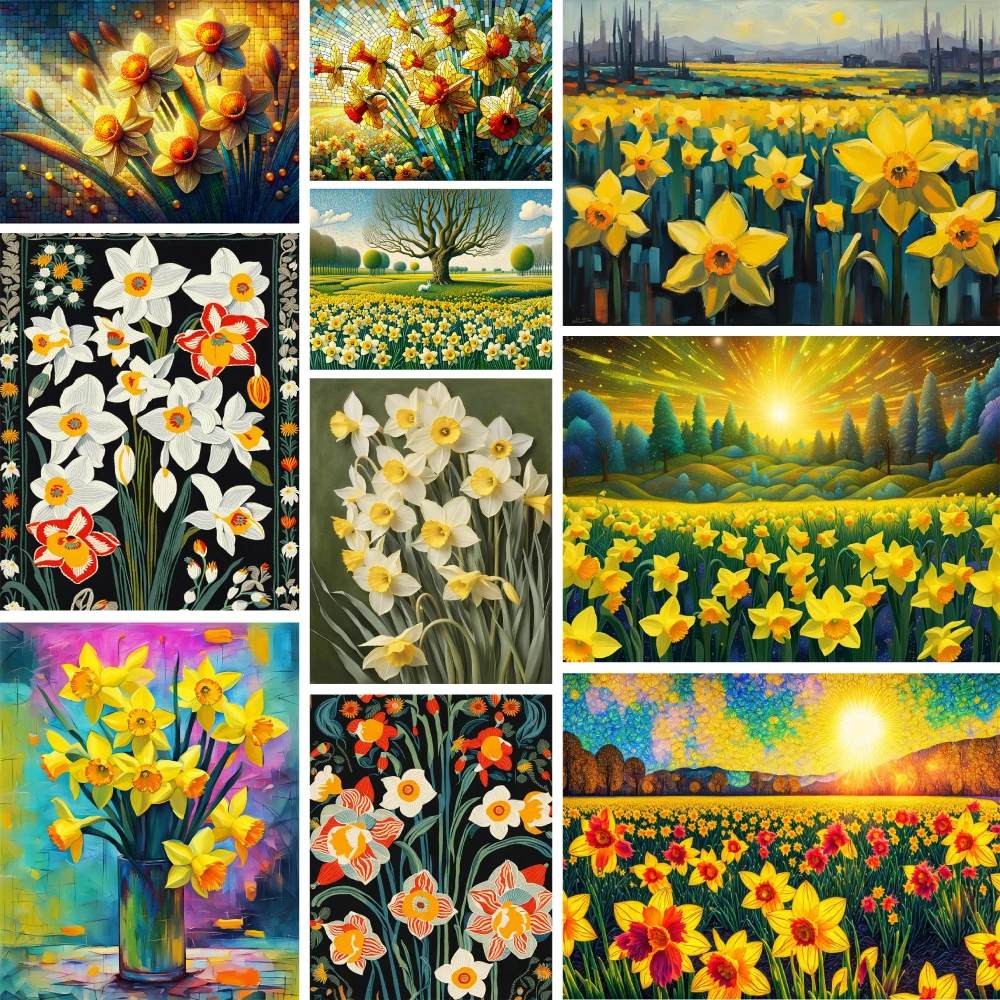 Flowers Narcissus Printed Water-Soluble Canvas Cross-Stitch Set Embroidery Hobby Handiwork Knitting Handmade Design Sales Floss