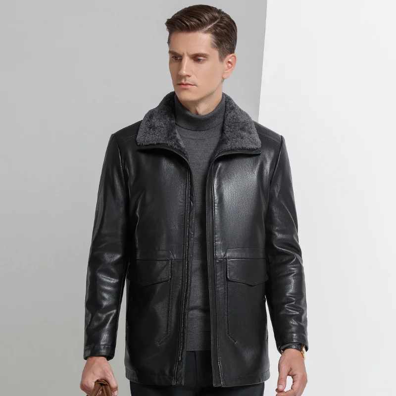 Fur YN-2108 Men's Top Coat Lapel Mid Length Natural Sheep Leather Men's Warm Fur Soft and Breathable