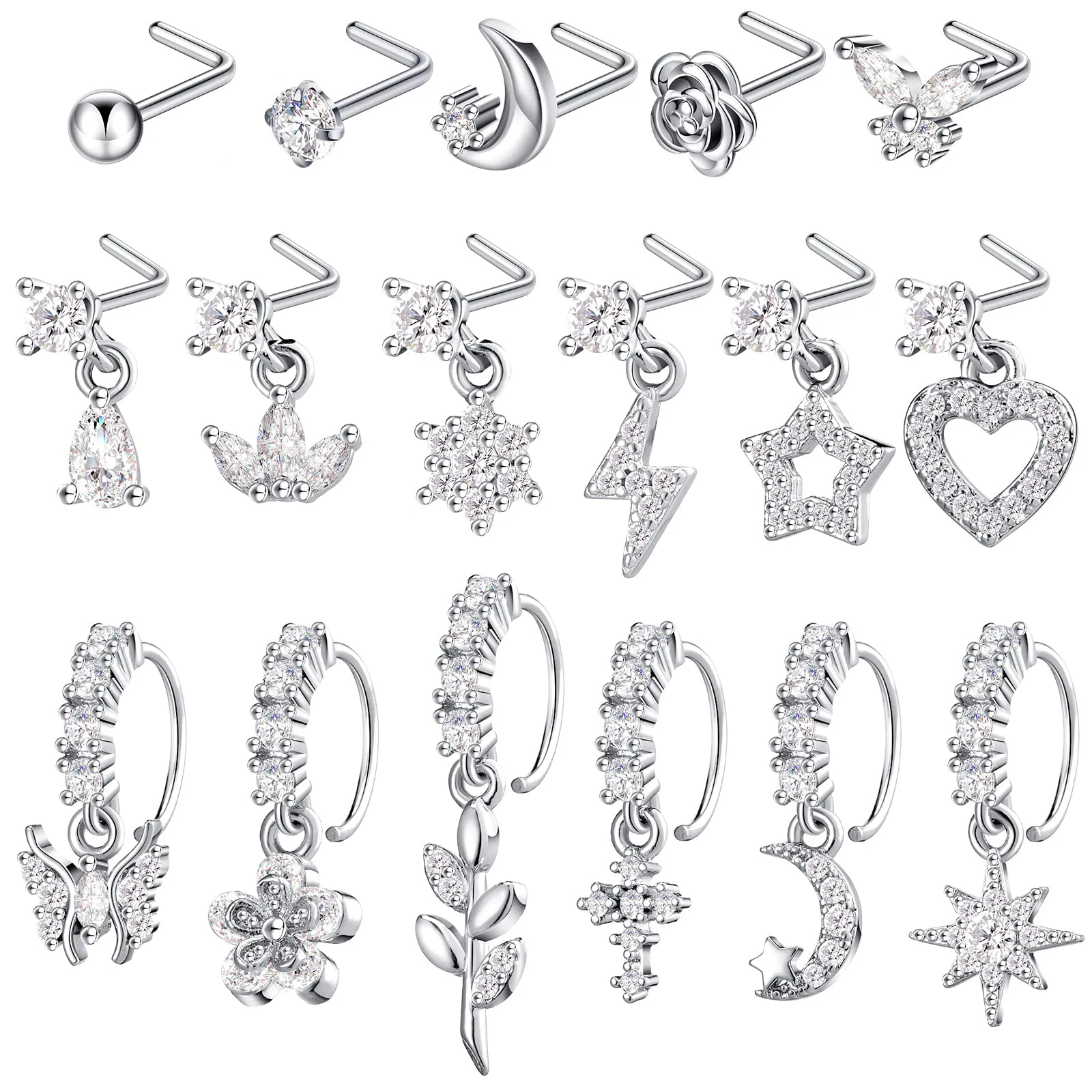 

17 Pcs Dangle Nose Ring L Shaped Dangling Nose Stud Nose Ring Hoop Indian Nose Piercing Jewelry with Charm