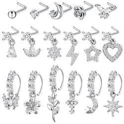 17 Pcs Dangle Nose Ring L Shaped Dangling Nose Stud Nose Ring Hoop Indian Nose Piercing Jewelry with Charm