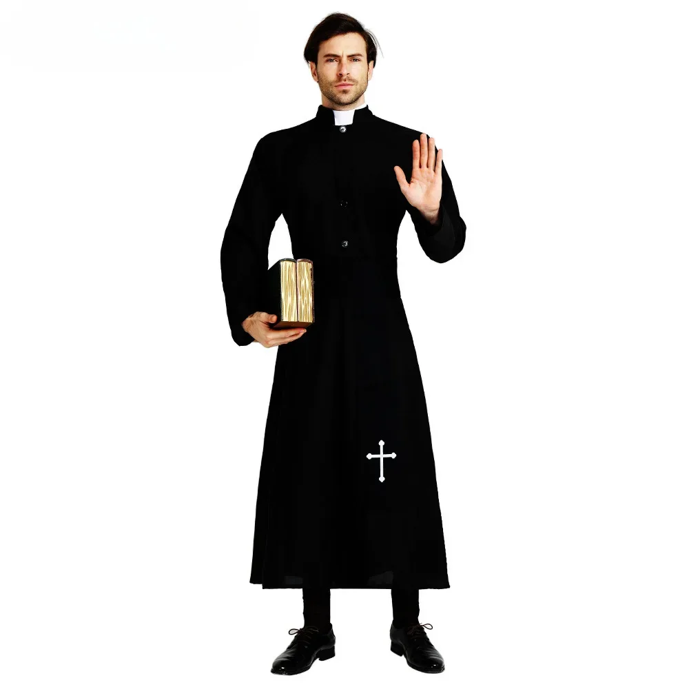 Black Noble Priest Costume Men Religious Pastor Father Costumes Purim Party Mardi Gras Fancy Halloween Cosplay Dress