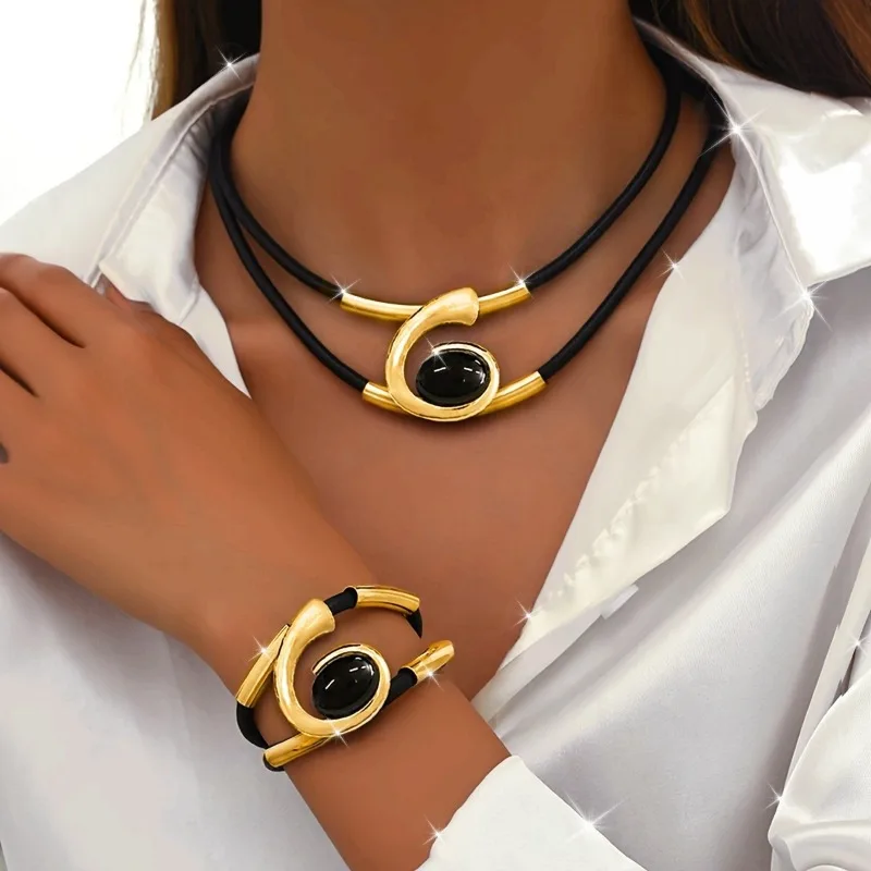 Vintage Trend Irregular Leather Rope Necklace Bracelet Boho Ethnic Style Accessories Women's Niche Festival Jewelry Set