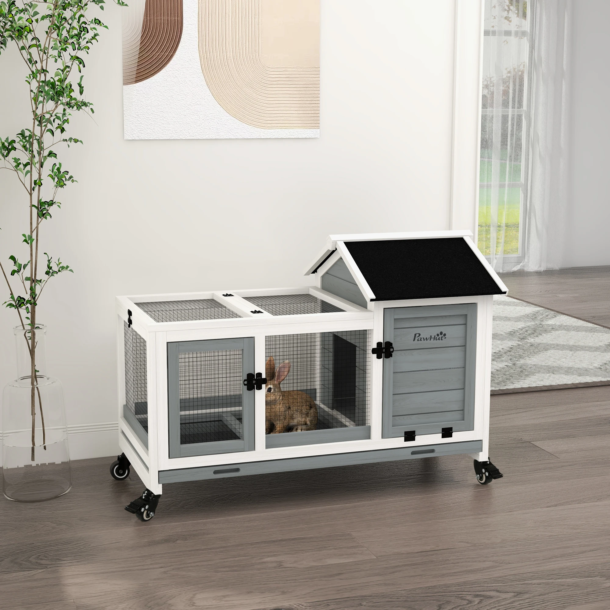 PawHut Conejera de Madera con Ruedas Techo Abatible 108x58x73,5 cm