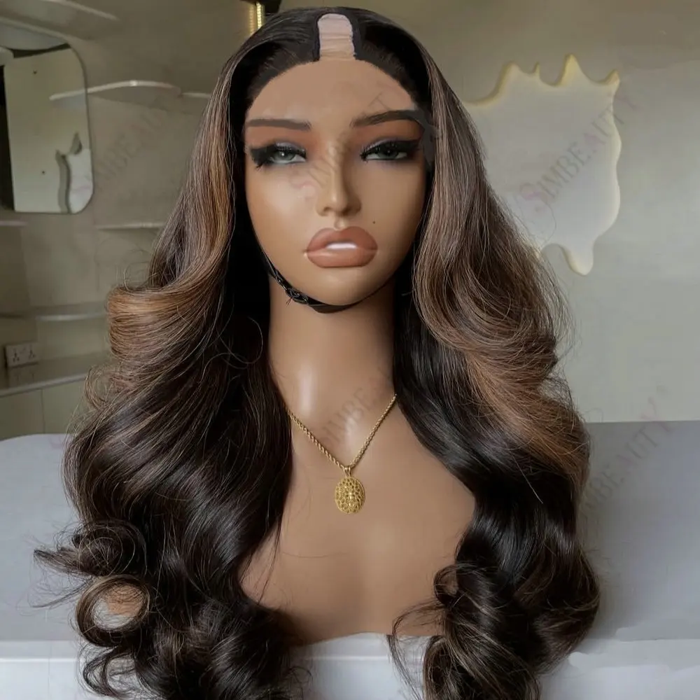 

Светло-коричневый парик с мелированием 1*4 U-образной формы из натуральных волос для чернокожих женщин, волнистый, без клея, V-образный парик, полностью машинной работы, недорогие парики