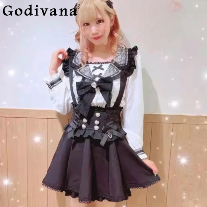 

Large Size Sweet Japanese Bow Diamond Pearl Buckle Removable Strap Skirt Fashion High Waist A-line Age Reduction Short Skirts
