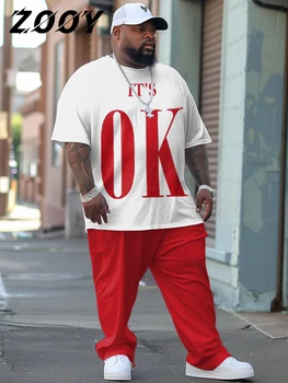 L-9Xl 반팔 티셔츠 바지 세트, 캐주얼 플러스 사이즈, 편안한 스트리트 캐주얼, Ok 레터 프린트, ZOOY