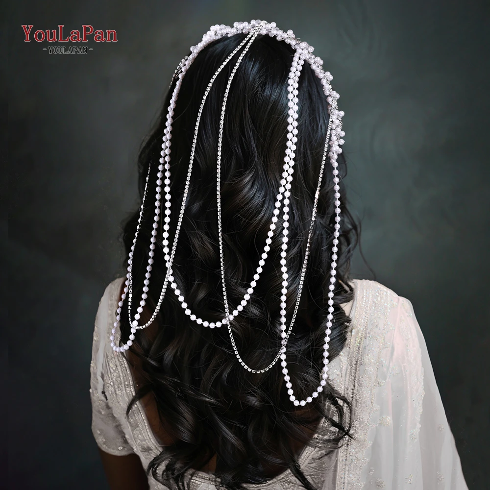 YouLaPan Bride Long Tassel Headband Wedding Pearl Chain Headwear Women Stylish Headband Banquet Party Hair Accessories HP800