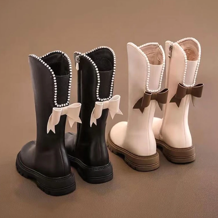

Winter Baby Girls Plush Warm High Boots Cute Bow Pearl Princess Design Kids Long Boots Pu Leather Luxury Children Cotton Shoes