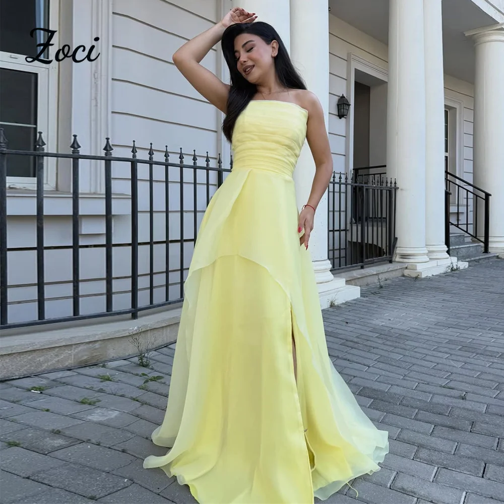 

Zoci Yellow A Line Chiffon Evening Dresses Customized Pleats Layers Women's Evening Gowns Strapless Formal Occasion Party Dress