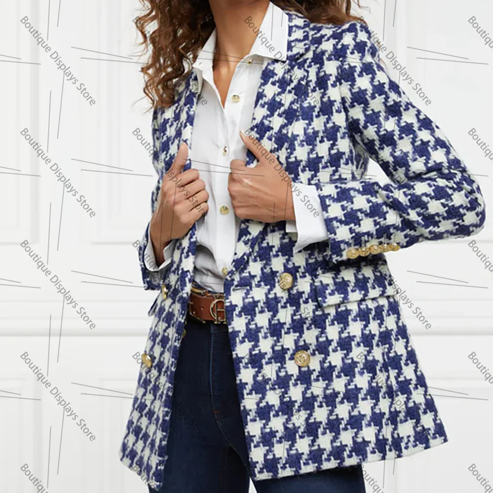 Popular Double Breasted Blue Houndstooth Women Jacket Female Daily Coat Formal Blazer One Piece