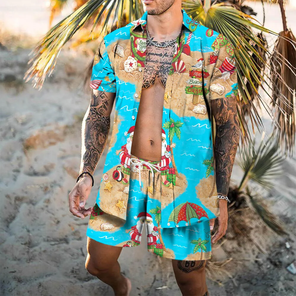 Camisetas hawaianas + Pantalones cortos para hombre, trajes de 2 piezas, estampado de flamenco 3D, conjuntos de camisas de playa para vacaciones,