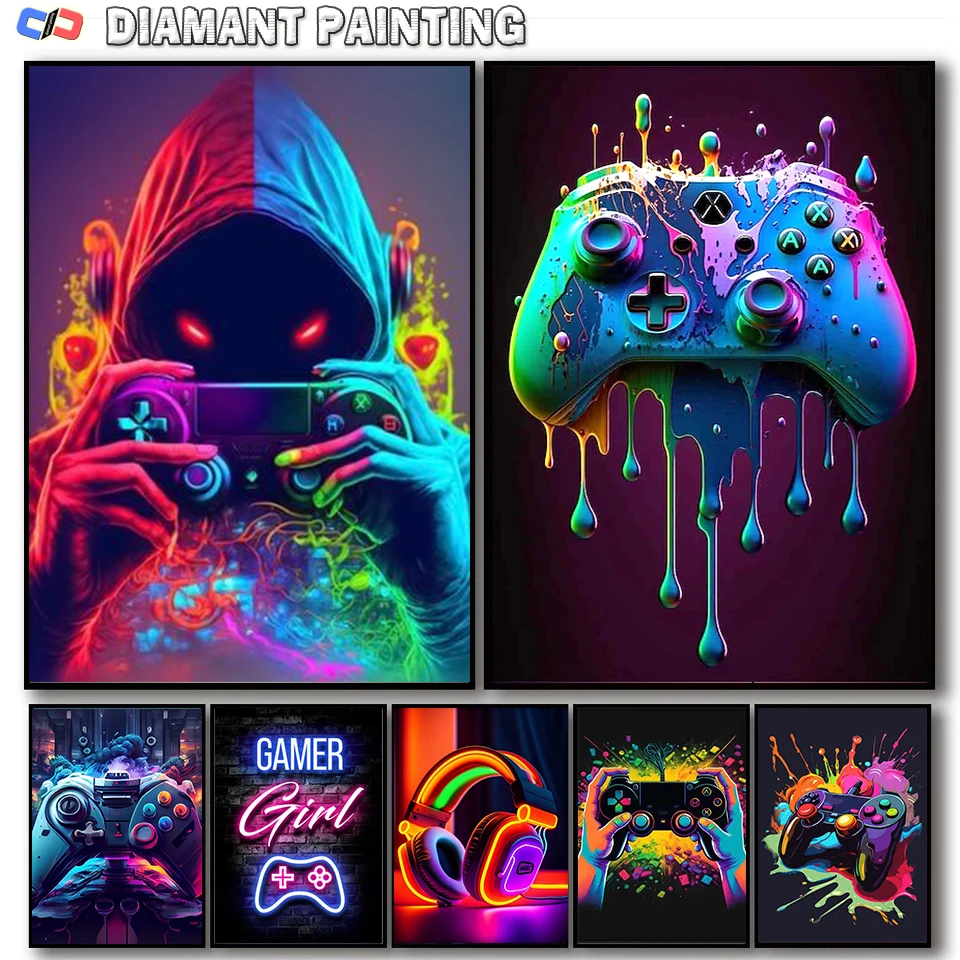 Diy 5d Full Diamond Painting Kleurrijke Punk Neon Gamer Controller Mozaïek Diamant Borduurwerk Cool Gaming Kruissteek Home Decor