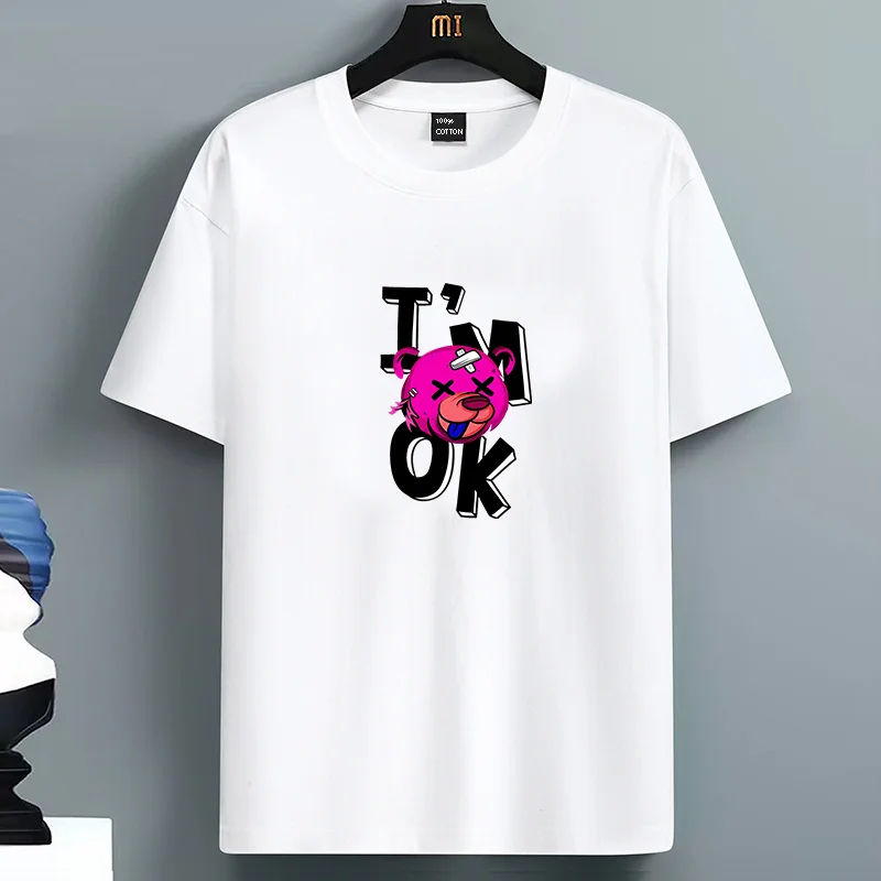 

New Men's 100% Cotton Summer Loose Size Creative I'm Ok Bear Printed Slim Fit Casual Sports Round Neck Short Sleeved T-Shirt Top