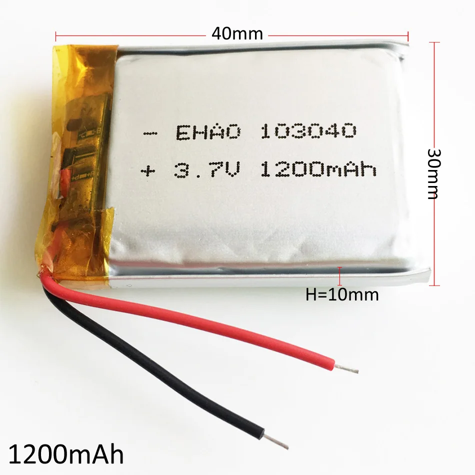Akumulator litowo-polimerowy LiPo 3,7 V 1200 mAh 103040 + Wtyczka JST 2Pin 1,25/1,5/2,0/2,54 mm do telefonu komórkowego MP3 GPS DVD