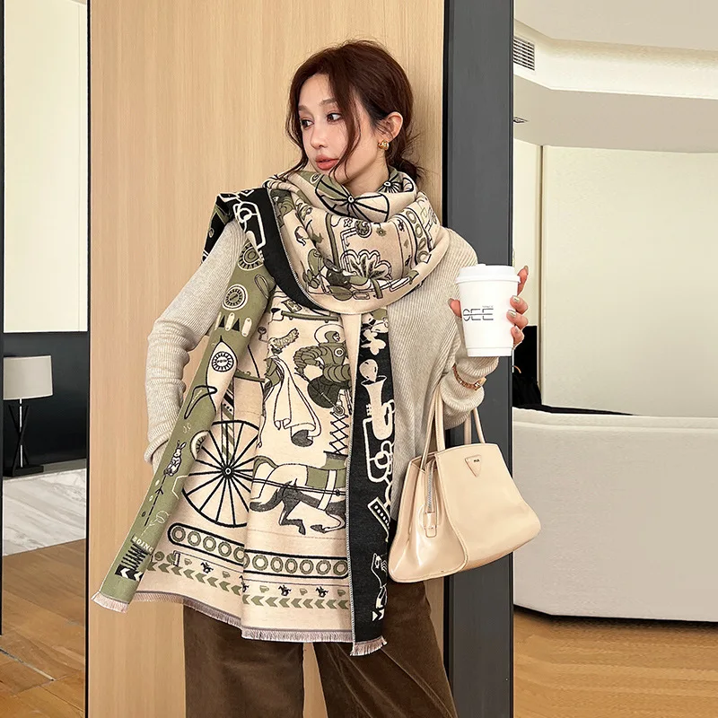 New Woman Fashion European Style  Retro Horse Flower Printing Imitation Cashmere Shawl Multifunction Decorate Outdoor Warm Scarf