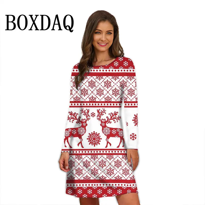 Autumn Winter Women Dresses Christmas Deer Snowflakes Print Dress Woman Party Clothing Casual Long Sleeve Loose A-Line Dresses