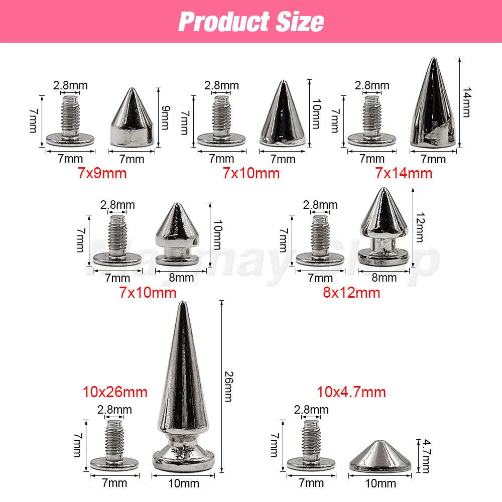 50pcs/Sets Metal Silver Cone Screw Rivets Bullet Spikes Studs DIY Crafts Leather Garment Cool Punk for Bag Shoes Handcraft