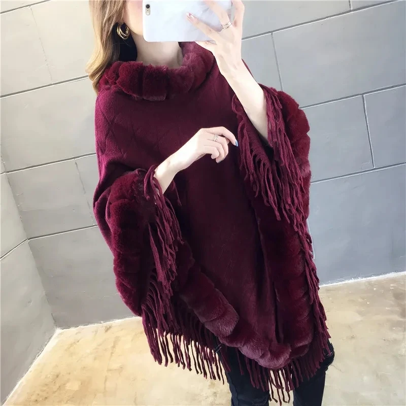 

Autumn Winter Imitation Rabbit Fur Women's Coat Imitation Wool Collar Pullover Shawl Warmth Poncho Capes Red Cloaks