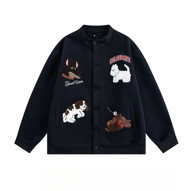 

Autumn Woman Fashion Embroidery Sweatshirts Baseball Collar Loose Casual Cotton Cardigan Cute Puppy Harajuku Sweatshirt Jacket