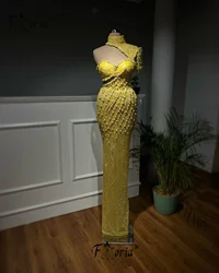 Elegant Dubai Pearls Mermaid Evening Dresses Beads Sequin Yellow Arabic Party Gown Floor Length Formal Prom Dress Robe De Soiree