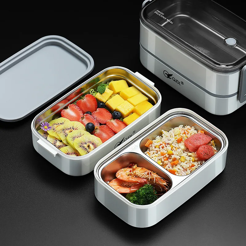 304 Stainless Steel Double Lunch Box Microwaveable Bento Box Lunch Box Bag Snack Box for Students and Workers