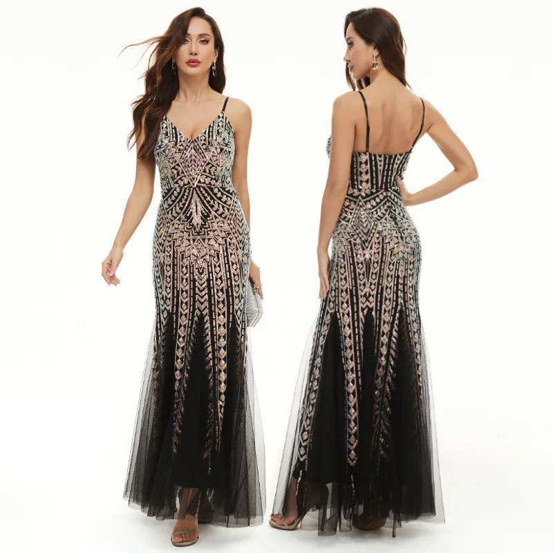 Sequins Dress Positioning Flower Sequin Stitching Mesh Banquet Light Luxury Evening Dress Women's Long Strap Fishtail Dress