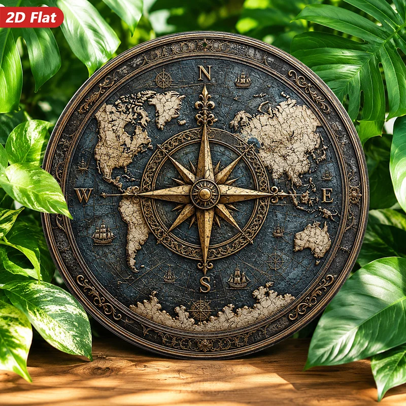 2D Flat, 1pc Vintage Compass Map Round Metal Sign Wall Art, Suitable for Corner Study, Compass Rose Centerpiece, World Map Backg