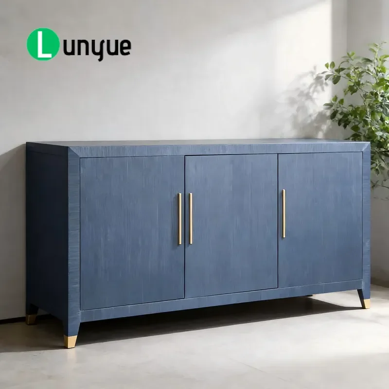 French Style Solid Wood Side Cabinet with Grass Cloth 3 Door Modern Decorative Storage Furniture for Living Room Home Blue