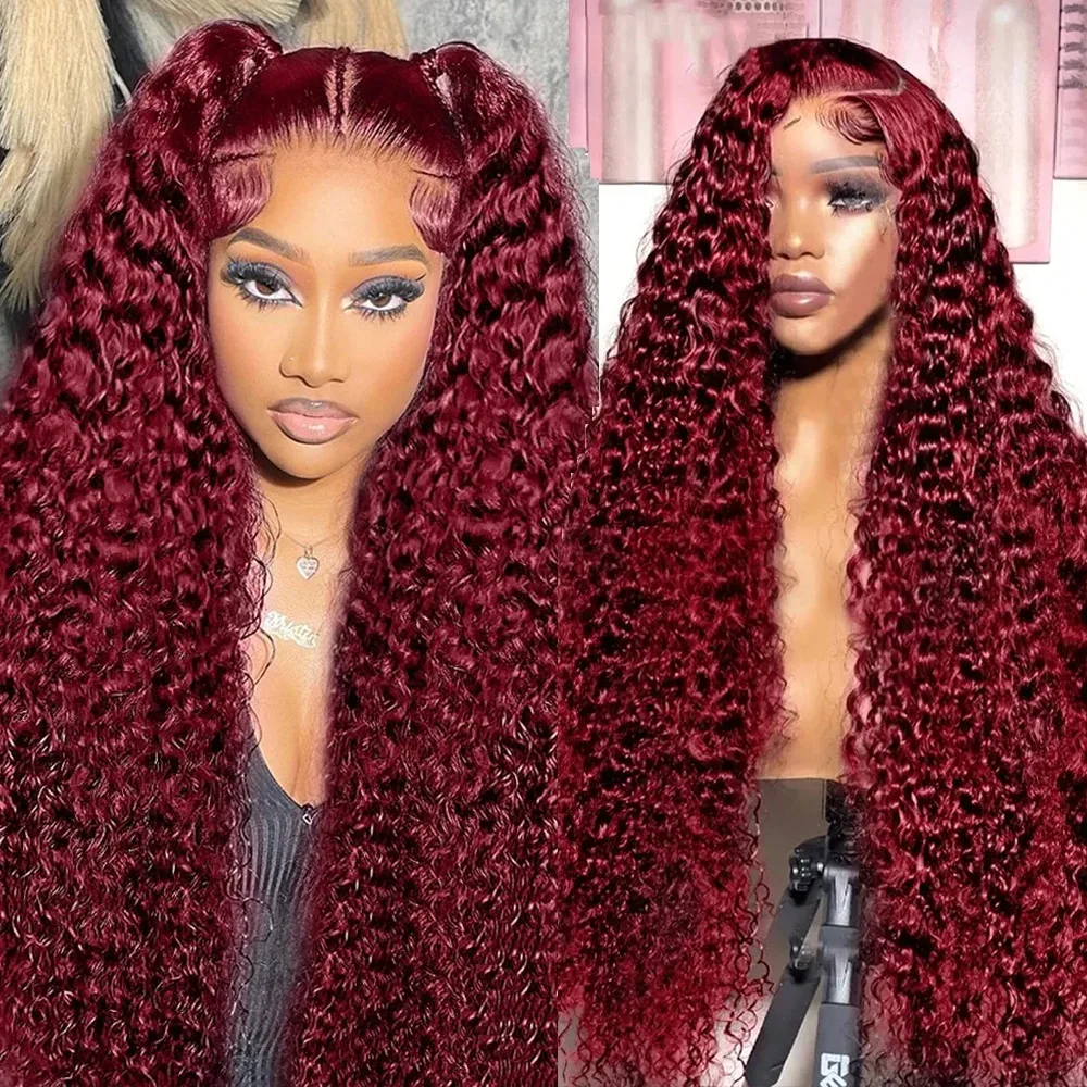 250 Density 99J Burgundy Deep Wave Lace Front Human Hair Wig 30 Inches HD 13x6 Red Colored Wigs 13x4 Deep Curly Lace Frontal Wig