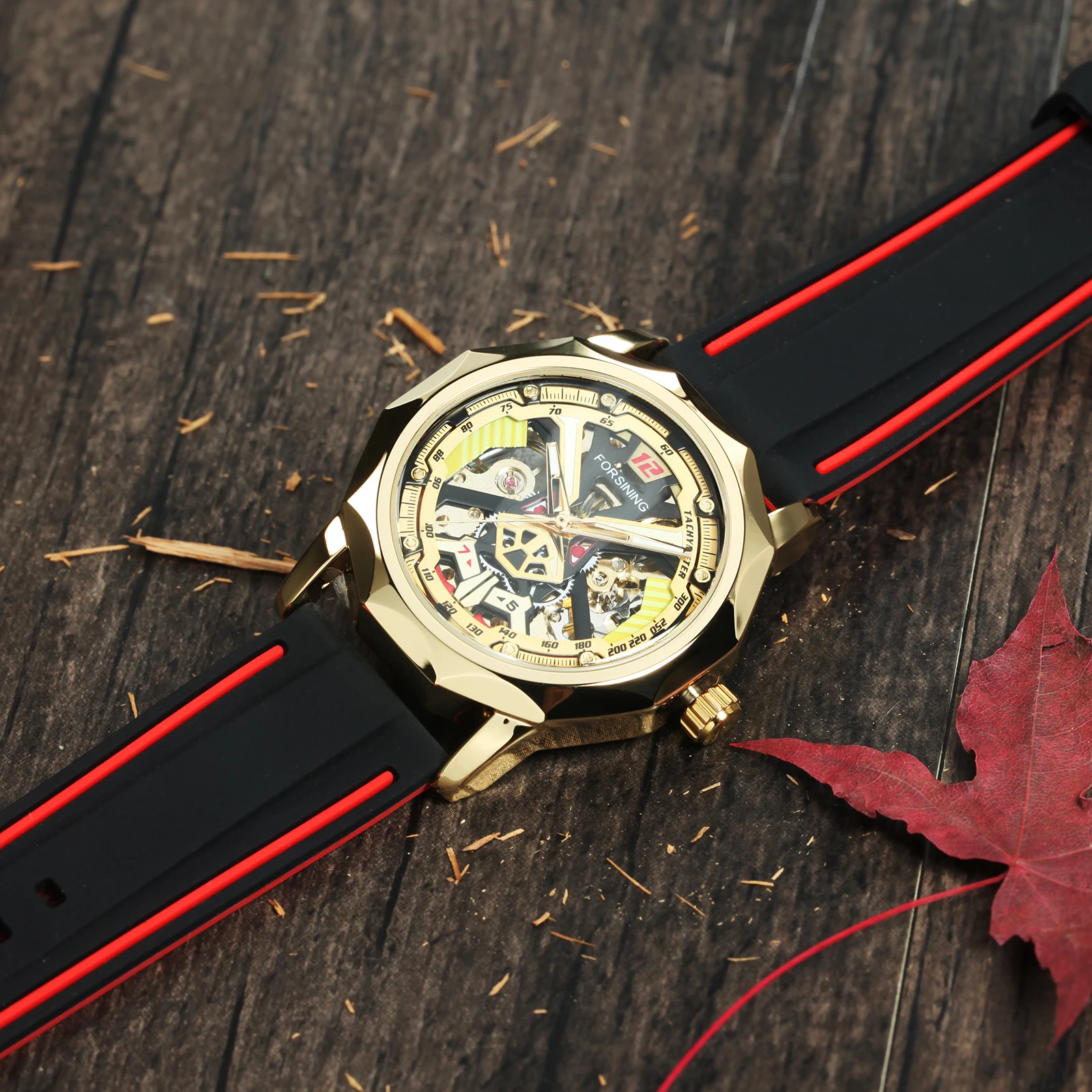 Forsining Fashion Gold Skeleton Mechanical Watches for Men Luminous Hands Casual Black Red Rubber Strap Irregular Sports Watch