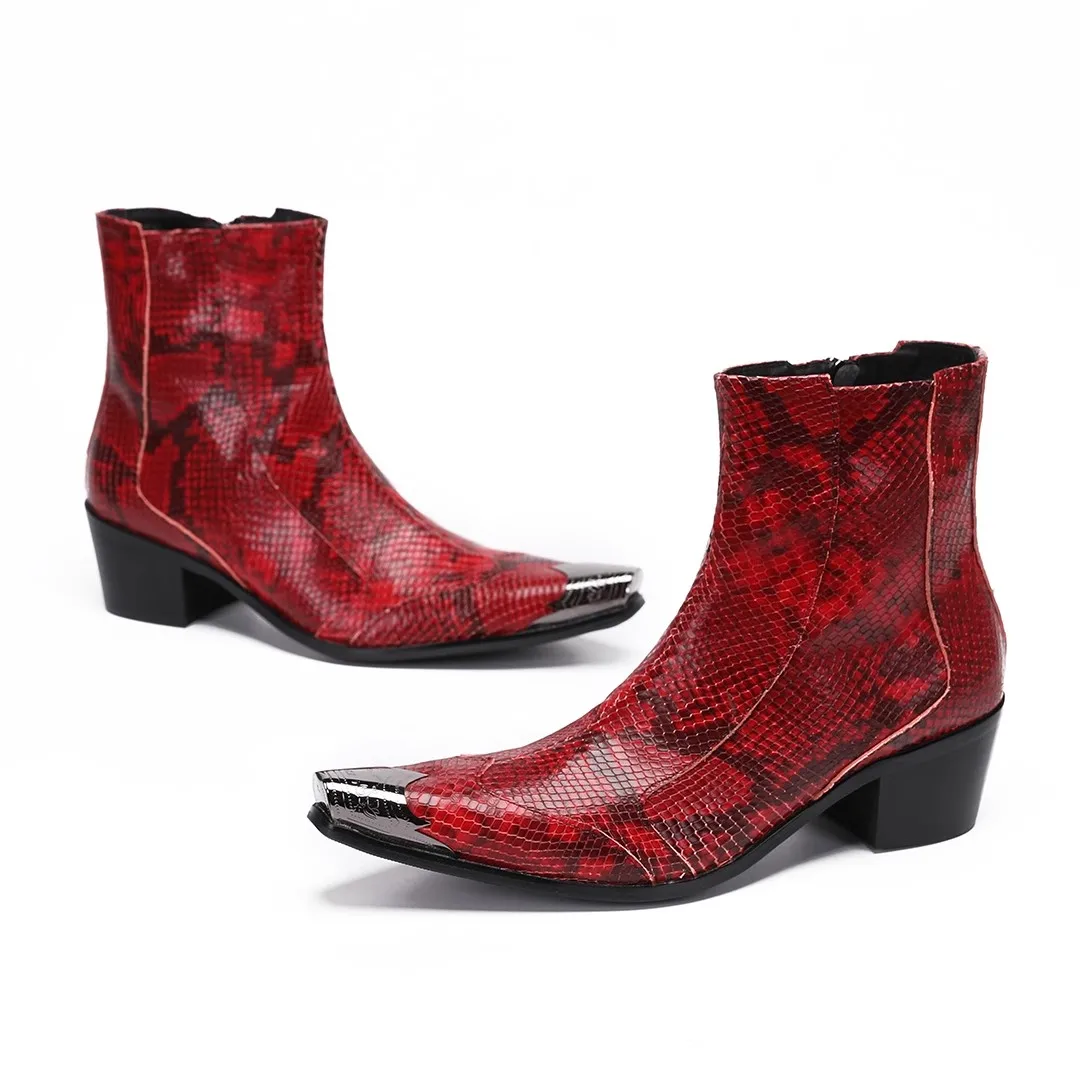 Male Trendy red snake pattern 7 cm high heel iron-head high-top shoes increased height Genuine Leather Chelsea Men Ankle Boots