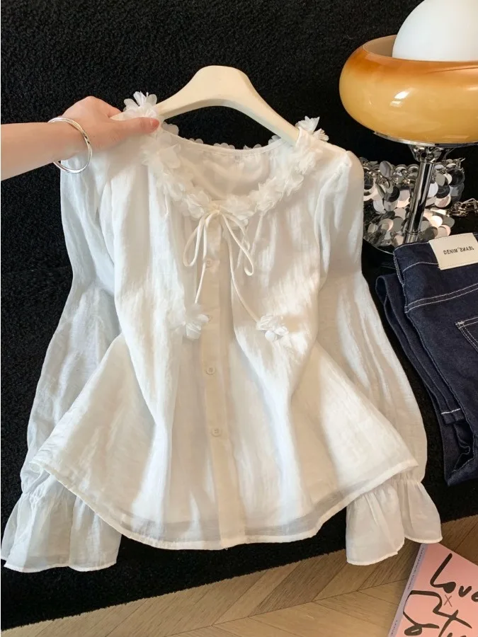 

Loose Long Sleeve White Shirt Women's Spring New Design Sense Bell Sleeve Slimming Top Floral Embellished Belted Cotton Blend