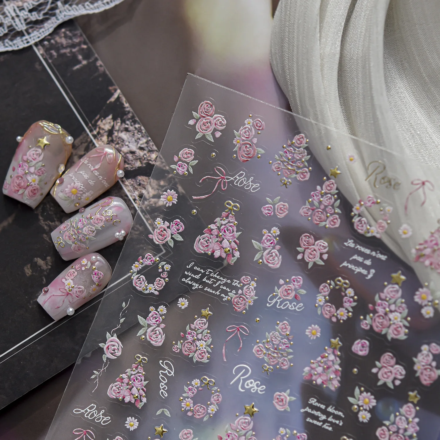 Romantic 5D Pink Rose Flower Nail Decals Ribbon Bowknot Daisy Blossom Floral Cluster Self‑Adhesive Nail Stickers DIY Manicure