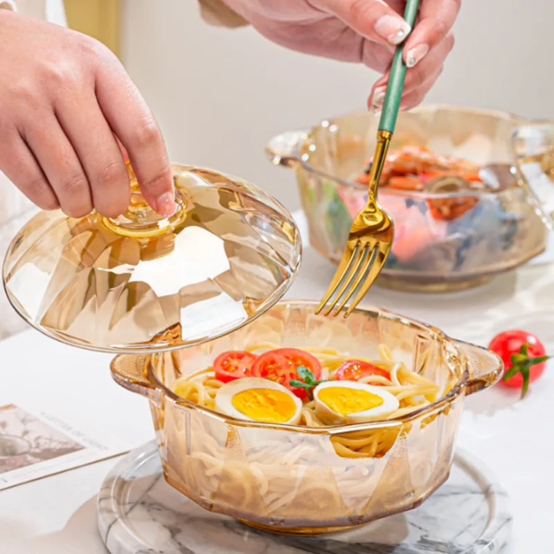 Diamond pot amber crystal glass pot with lid instant noodle bowl salad bowl with lid ears pot brown pot home