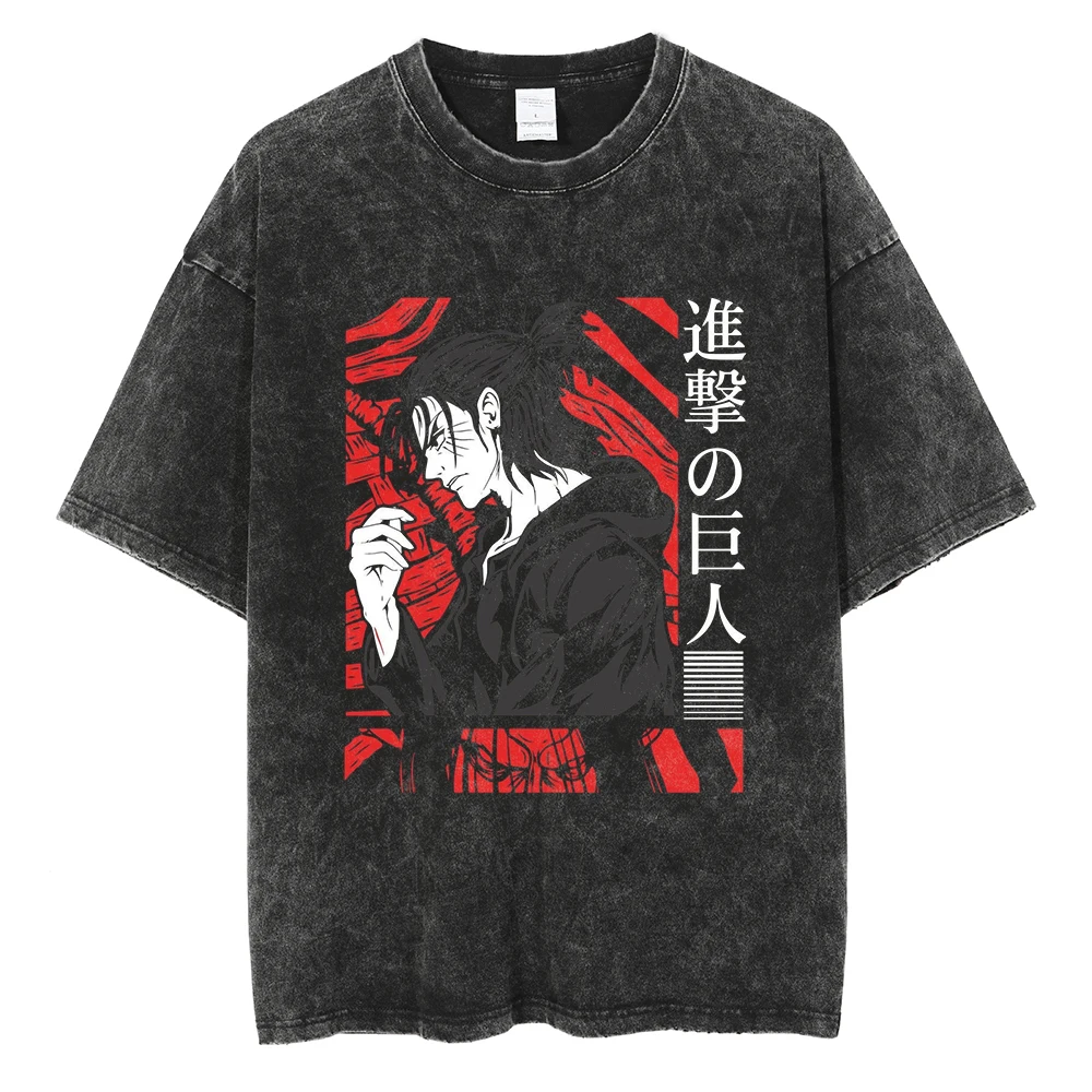 

Oversized Attack on Titan Washed Summer T-Shirt, Vintage Distressed Anime Graphic Streetwear for Men Women, Survey Corps AOT Tee