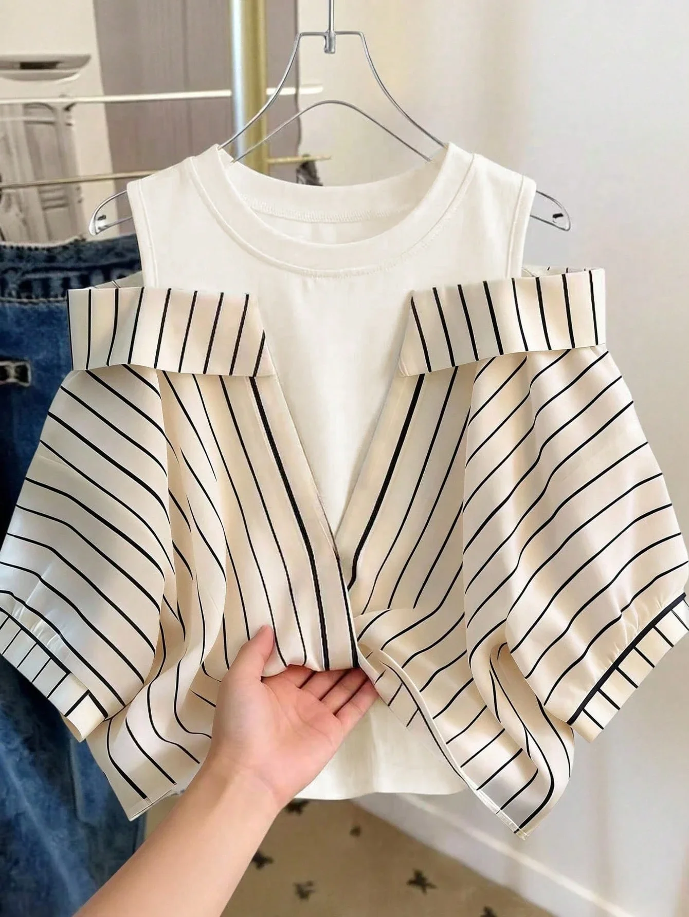 

Cold Shoulder Contrast Striped Two In One Blouse For Women