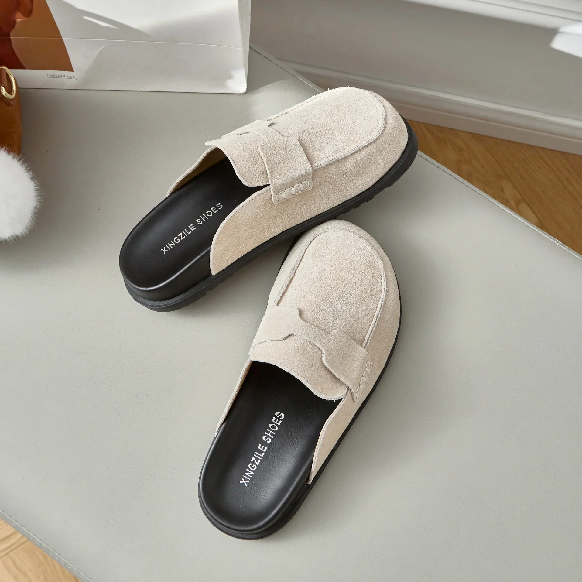 Soft Bottom Genuine Leather Women's Slippers Five Colors Available Bocan Outdoor Wear-Resistant Slip-On Shoes Korean Style