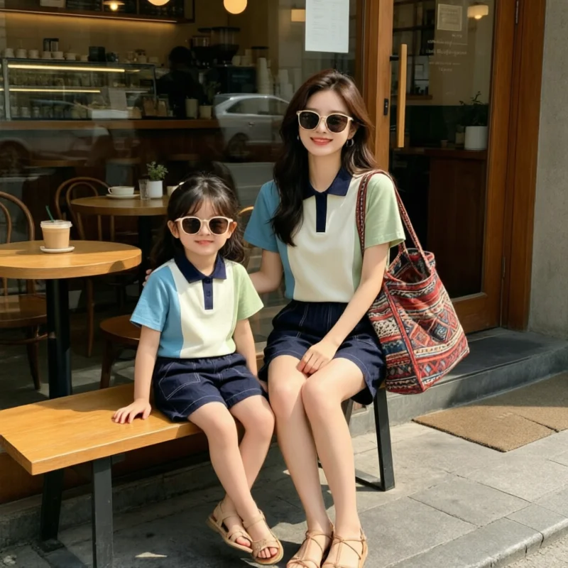 Family Matching Clothes Summer Polo Shirts Denim Shorts School Uniform Class Outfit Family Activity Wear For Parents Kids